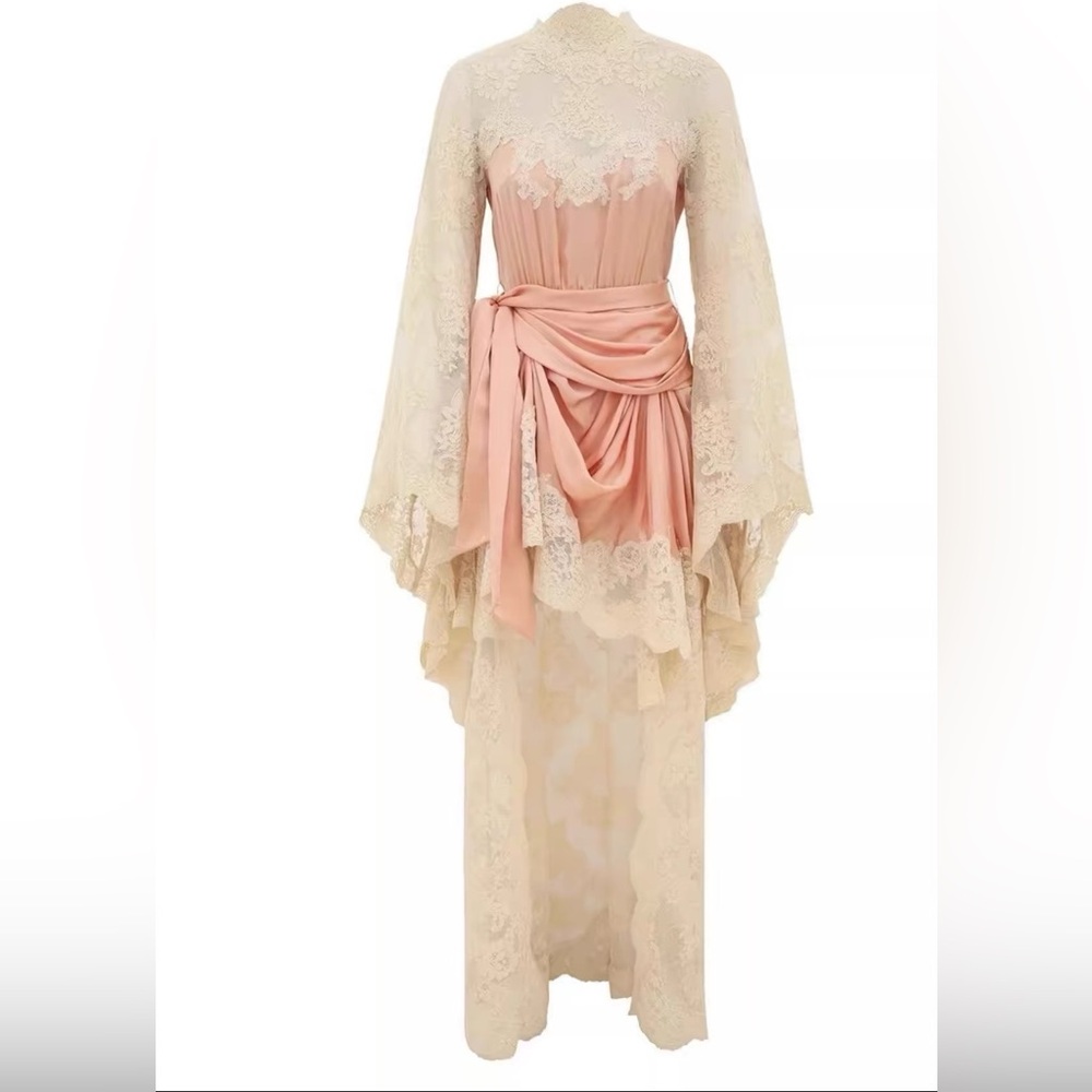 Designer-Style Hypnotic Lace and Satin Overlay Maxi Dress in Blush and Cream